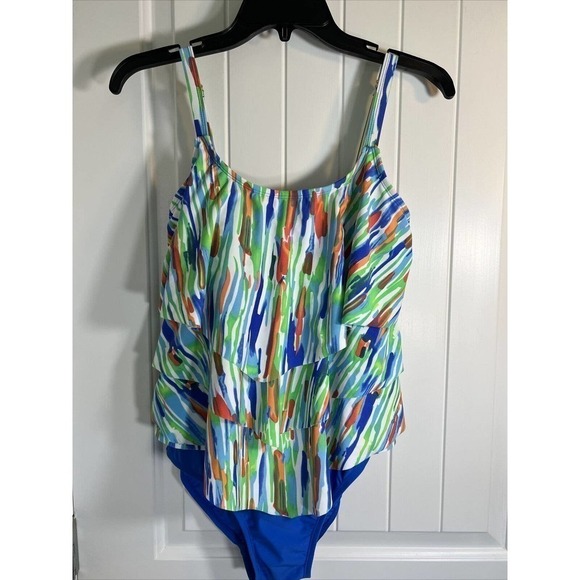 Ceeb Size 10 Women's 3 Tiered Ruffle Tankini Top One Piece Swimsuit- Multi Color - Picture 5 of 12